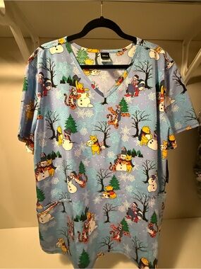 Disney Light Blue Winnie the Pooh Holiday Scrub Top
